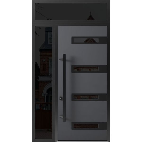 Front Exterior Prehung Steel Door / Ronex 0131 Grey 96" / Sidelight and Transom Window Sidelite / Entry Metal Modern Painted W36+16" x H96+16" Right hand Inswing
