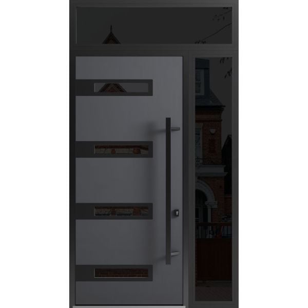 Front Exterior Prehung Steel Door / Ronex 0131 Grey 96" / Sidelight and Transom Window Sidelite / Entry Metal Modern Painted W36+12" x H96+16" Left hand Inswing