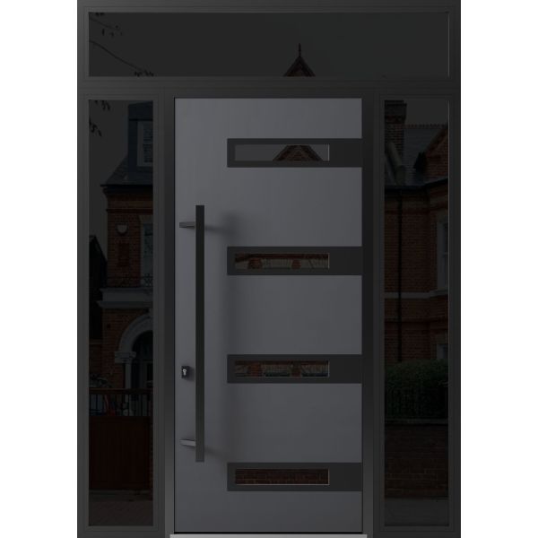 Front Exterior Prehung Steel Door / Ronex 0131 Grey 96" / 2 Sidelight and Transom Window Sidelite / Entry Metal Modern Painted W12+36+12" x H96+16" Right hand Inswing