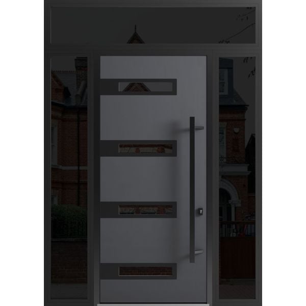 Front Exterior Prehung Steel Door / Ronex 0131 Grey 96" / 2 Sidelight and Transom Window Sidelite / Entry Metal Modern Painted W12+36+12" x H96+16" Left hand Inswing