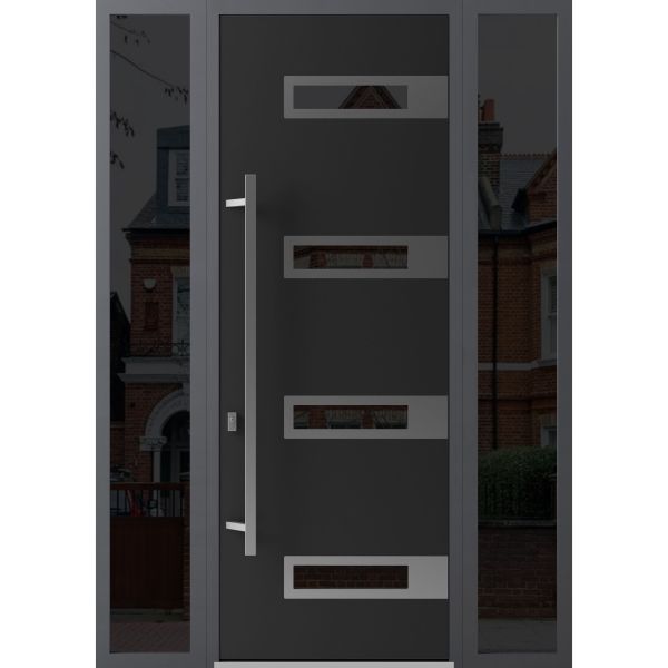 Front Exterior Prehung Steel Door / Ronex 0131 Black Enamel 96" / 2 Sidelight Exterior Windows Sidelites/ Stainless Inserts Entry Metal Modern Painted W16+36+16" x H96" Right hand Inswing