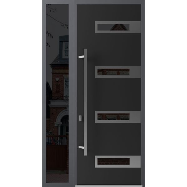 Front Exterior Prehung Steel Door / Ronex 0131 Black Enamel 96" / Sidelight Exterior Window Sidelite / Stainless Inserts Entry Metal Modern Painted W36+12" x H96" Right hand Inswing
