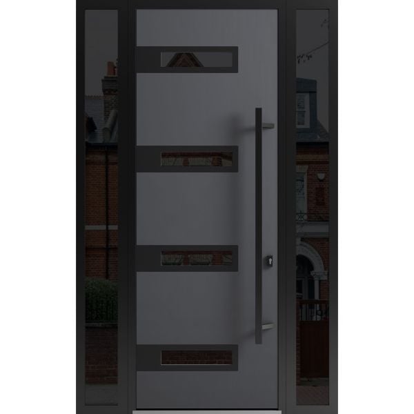 Front Exterior Prehung Steel Door / Ronex 0131 Grey 96" / 2 Sidelight Exterior Windows Sidelites/ Entry Metal Modern Painted W12+36+12" x H96" Left hand Inswing