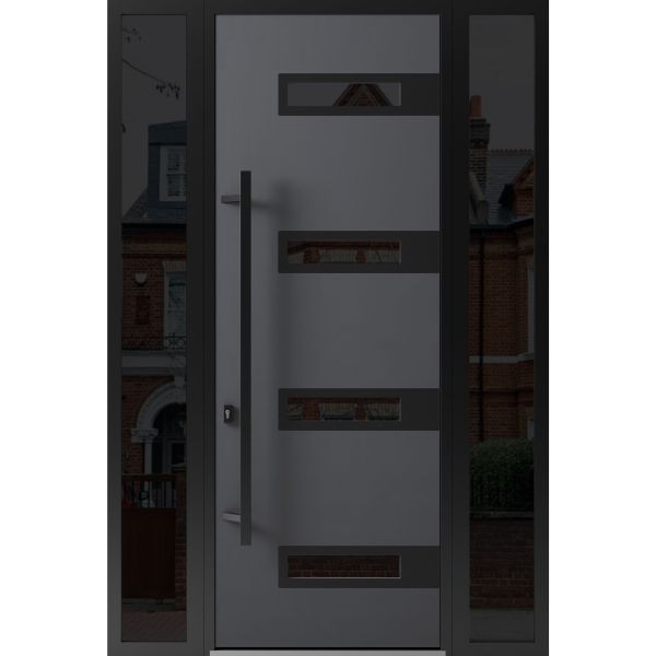 Front Exterior Prehung Steel Door / Ronex 0131 Grey 96" / 2 Sidelight Exterior Windows Sidelites/ Entry Metal Modern Painted W14+36+14" x H96" Right hand Inswing