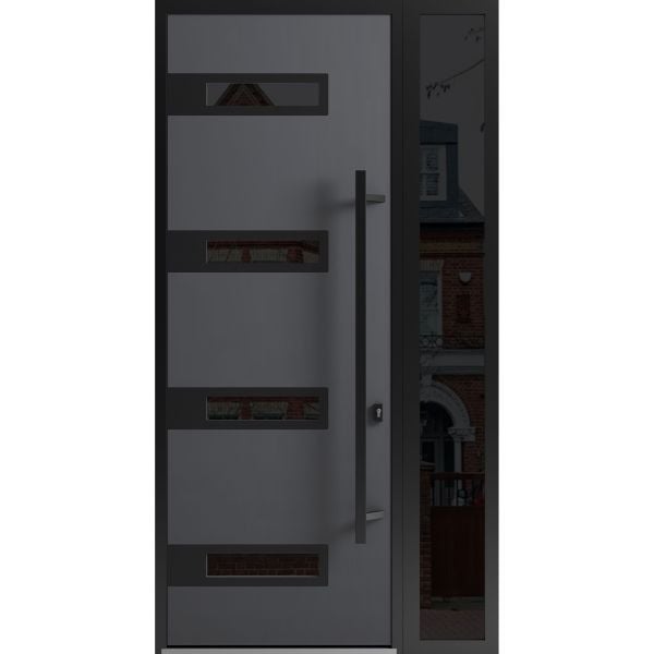 Front Exterior Prehung Steel Door / Ronex 0131 Grey 96" / Sidelight Exterior Window Sidelite / Entry Metal Modern Painted W36+12" x H96" Left hand Inswing