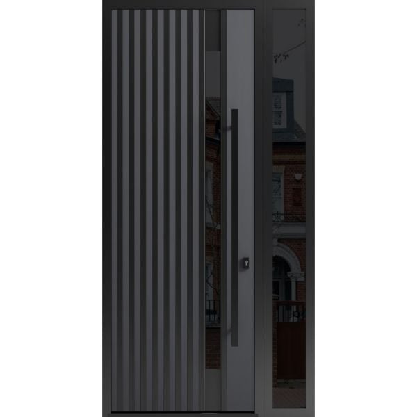 Front Exterior Prehung Steel Door / Ronex 0144 Grey 96" / Sidelight Exterior Window Sidelite / Entry Metal Modern Painted W36+12" x H96" Left hand Inswing