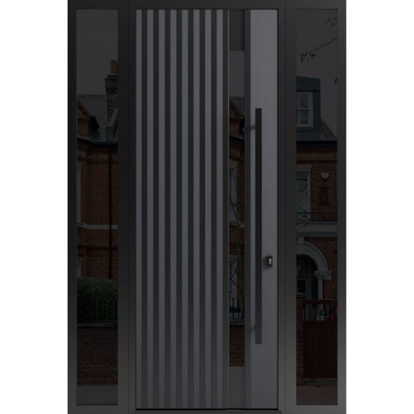 Front Exterior Prehung Steel Door / Ronex 0144 Grey 96" / 2 Sidelight Exterior Windows Sidelites/ Entry Metal Modern Painted W12+36+12" x H96" Left hand Inswing