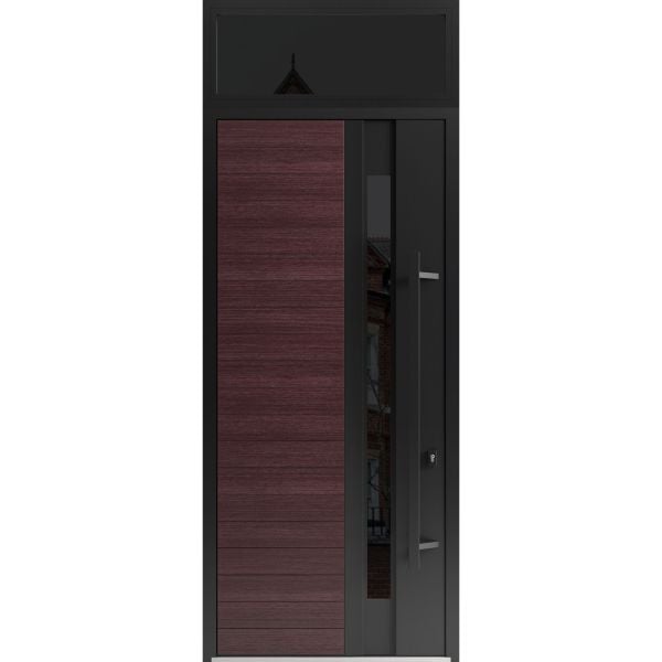 Front Exterior Prehung Steel Door / Ronex 0162 Red Oak 96" / Transom Window Sidelite / Entry Metal Modern Painted W36" x H96+16" Left hand Inswing