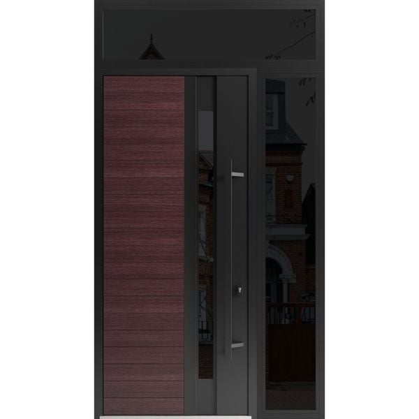 Front Exterior Prehung Steel Door / Ronex 0162 Red Oak 96" / Sidelight and Transom Window Sidelite / Entry Metal Modern Painted W36+12" x H96+16" Left hand Inswing