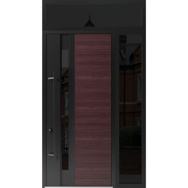 Front Exterior Prehung Steel Door / Ronex 0162 Red Oak 96" / Sidelight and Transom Window Sidelite / Entry Metal Modern Painted W36+14" x H96+16" Right hand Inswing