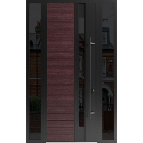 Front Exterior Prehung Steel Door / Ronex 0162 Red Oak 96" / 2 Sidelight Exterior Windows Sidelites/ Entry Metal Modern Painted W12+36+12" x H96" Left hand Inswing