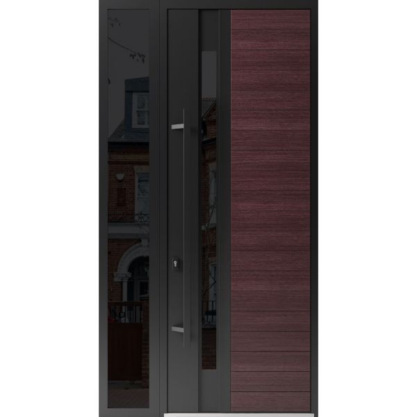 Front Exterior Prehung Steel Door / Ronex 0162 Red Oak 96" / Sidelight Exterior Window Sidelite / Entry Metal Modern Painted W36+16" x H96" Right hand Inswing