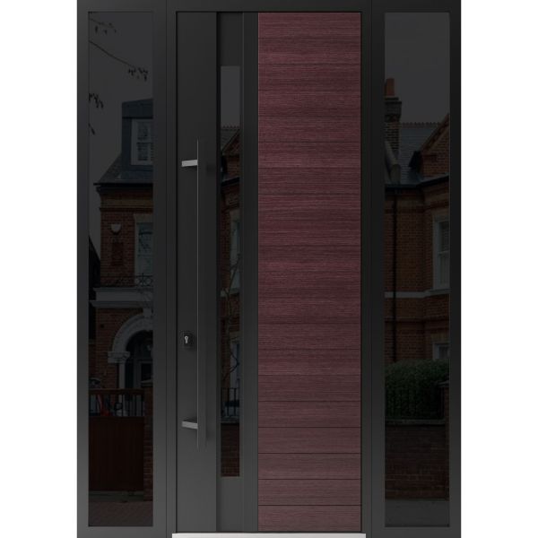 Front Exterior Prehung Steel Door / Ronex 0162 Red Oak 96" / 2 Sidelight Exterior Windows Sidelites/ Entry Metal Modern Painted W12+36+12" x H96" Right hand Inswing