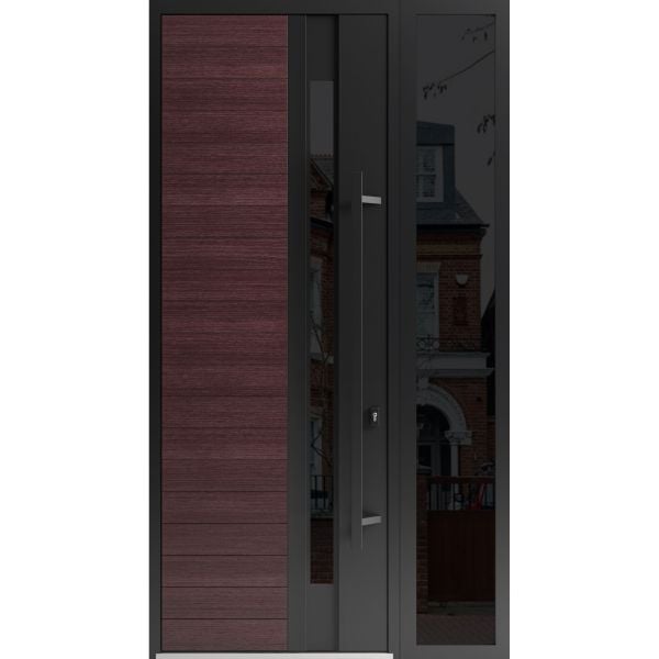 Front Exterior Prehung Steel Door / Ronex 0162 Red Oak 96" / Sidelight Exterior Window Sidelite / Entry Metal Modern Painted W36+12" x H96" Left hand Inswing