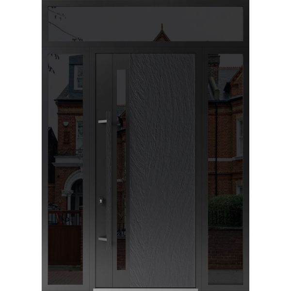 Front Exterior Prehung Steel Door / Dekton 0163 Ardesia Nero 96”/ 2 Side and Top Exterior Window Sidelite / Entry Metal Modern Painted W16+36+16" x H96+16" Right hand Inswing