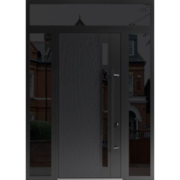 Front Exterior Prehung Steel Door / Dekton 0163 Ardesia Nero 96”/ 2 Side and Top Exterior Window Sidelite / Entry Metal Modern Painted W12+36+12" x H96+16" Left hand Inswing