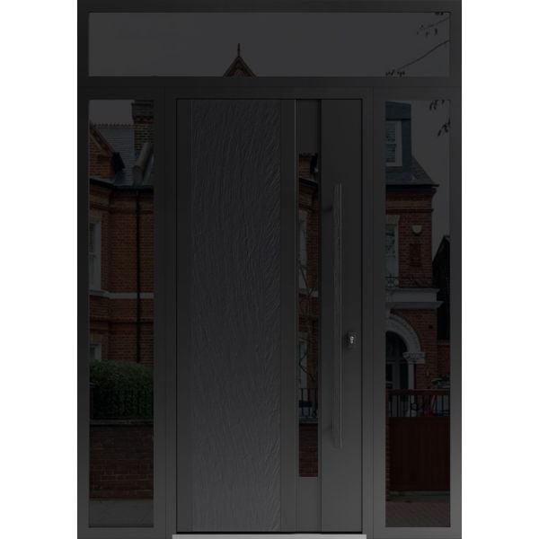 Front Exterior Prehung Steel Door / Dekton 0163 Ardesia Nero / 2 Side and Top Exterior Window Sidelite / Entry Metal Modern Painted W12+36+12" x H80+16" Left hand Inswing