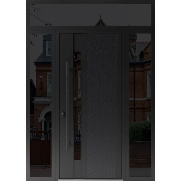 Front Exterior Prehung Steel Door / Dekton 0163 Ardesia Nero / 2 Side and Top Exterior Window Sidelite / Entry Metal Modern Painted W14+36+14" x H80+16" Right hand Inswing