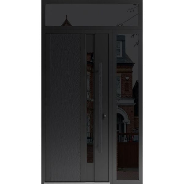 Front Exterior Prehung Steel Door / Dekton 0163 Ardesia Nero / Side and Top Exterior Window Sidelite / Entry Metal Modern Painted W36+12" x H80+16" Left hand Inswing