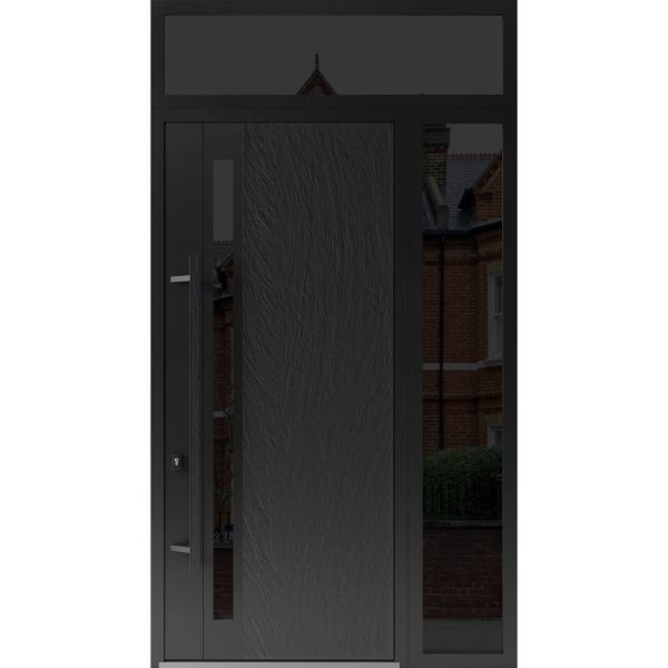 Front Exterior Prehung Steel Door / Dekton 0163 Ardesia Nero 96”/ Side and Top Exterior Window Sidelite / Entry Metal Modern Painted W36+14" x H96+16" Right hand Inswing