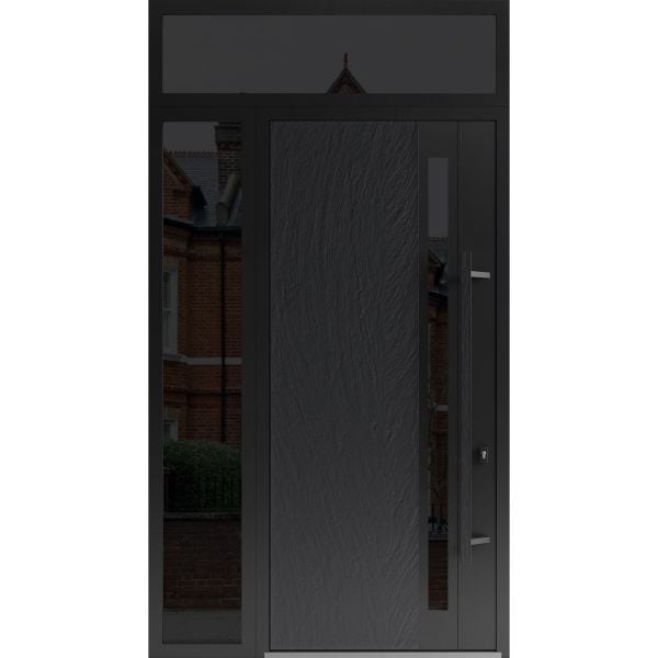 Front Exterior Prehung Steel Door / Dekton 0163 Ardesia Nero 96”/ Side and Top Exterior Window Sidelite / Entry Metal Modern Painted W36+12" x H96+16" Left hand Inswing