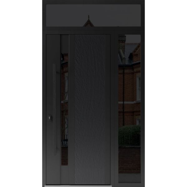 Front Exterior Prehung Steel Door / Dekton 0163 Ardesia Nero / Side and Top Exterior Window Sidelite / Entry Metal Modern Painted W36+14" x H80+16" Right hand Inswing