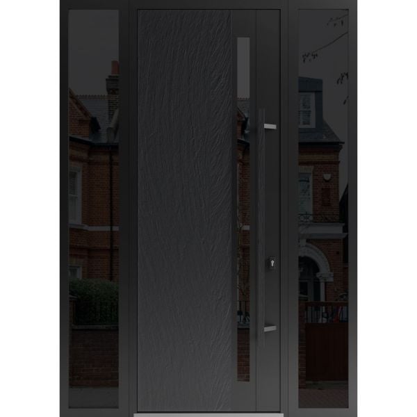 Front Exterior Prehung Steel Door / Dekton 0163 Ardesia Nero 96”/ 2 Side Exterior Windows Sidelites/ Entry Metal Modern Painted W12+36+12" x H96" Left hand Inswing