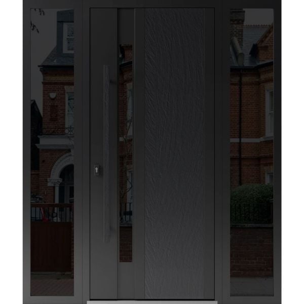 Front Exterior Prehung Steel Door / Dekton 0163 Ardesia Nero / 2 Side Exterior Windows Sidelites/ Entry Metal Modern Painted W14+36+14" x H80" Right hand Inswing