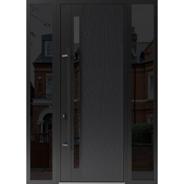 Front Exterior Prehung Steel Door / Dekton 0163 Ardesia Nero 96”/ 2 Side Exterior Windows Sidelites/ Entry Metal Modern Painted W16+36+16" x H96" Right hand Inswing