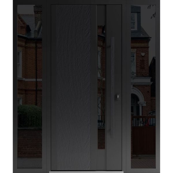 Front Exterior Prehung Steel Door / Dekton 0163 Ardesia Nero / 2 Side Exterior Windows Sidelites/ Entry Metal Modern Painted W12+36+12" x H80" Left hand Inswing