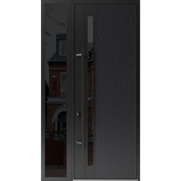 Front Exterior Prehung Steel Door / Dekton 0163 Ardesia Nero 96”/ Side Exterior Window Sidelite / Entry Metal Modern Painted W36+16" x H96" Right hand Inswing