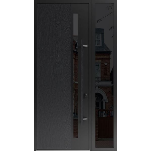 Front Exterior Prehung Steel Door / Dekton 0163 Ardesia Nero 96”/ Side Exterior Window Sidelite / Entry Metal Modern Painted W36+12" x H96" Left hand Inswing