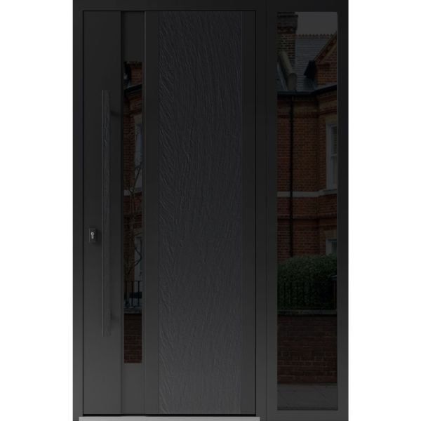 Front Exterior Prehung Steel Door / Dekton 0163 Ardesia Nero / Side Exterior Window Sidelite / Entry Metal Modern Painted W36+16" x H80" Right hand Inswing
