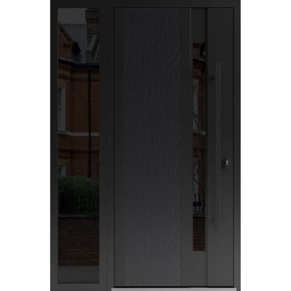 Front Exterior Prehung Steel Door / Dekton 0163 Ardesia Nero / Side Exterior Window Sidelite / Entry Metal Modern Painted W36+12" x H80" Left hand Inswing