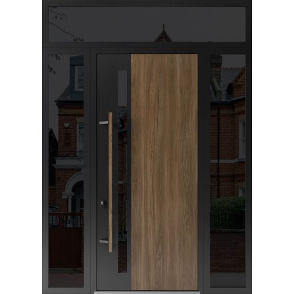 Front Exterior Prehung Steel Door / Dekton 0163 Venezia Noce 96”/ 2 Side and Top Exterior Window Sidelite / Entry Metal Modern Painted W14+36+14" x H96+16" Right hand Inswing