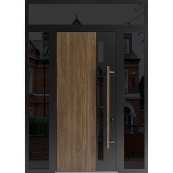 Front Exterior Prehung Steel Door / Dekton 0163 Venezia Noce 96”/ 2 Side and Top Exterior Window Sidelite / Entry Metal Modern Painted W12+36+12" x H96+16" Left hand Inswing