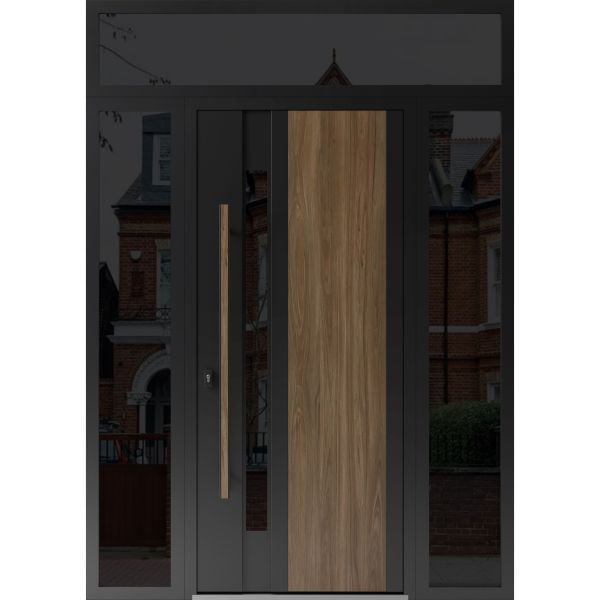 Front Exterior Prehung Steel Door / Dekton 0163 Venezia Noce / 2 Side and Top Exterior Window Sidelite / Entry Metal Modern Painted W16+36+16" x H80+16" Right hand Inswing
