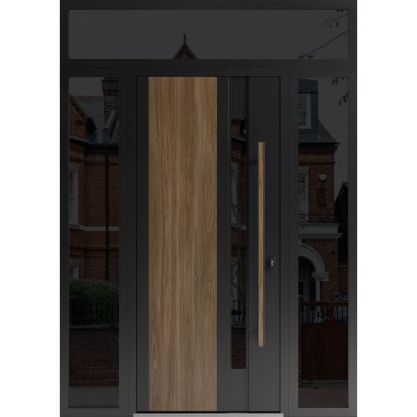 Front Exterior Prehung Steel Door / Dekton 0163 Venezia Noce / 2 Side and Top Exterior Window Sidelite / Entry Metal Modern Painted W12+36+12" x H80+16" Left hand Inswing