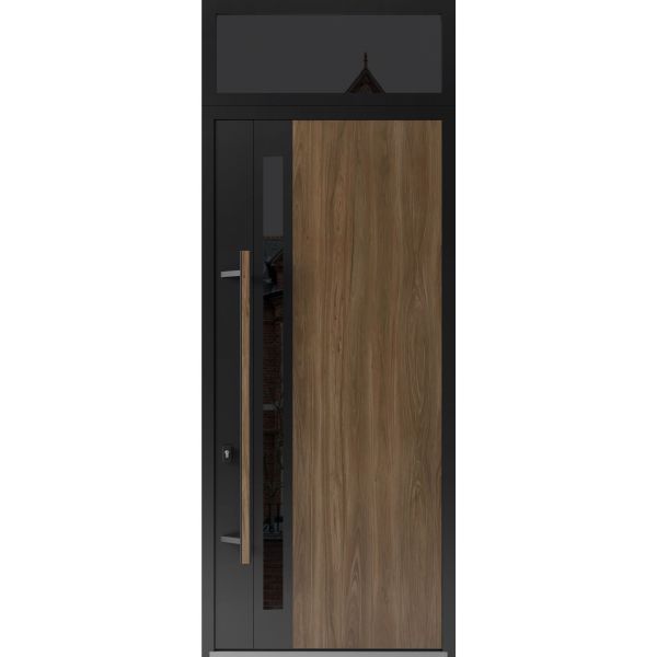 Front Exterior Prehung Steel Door / Dekton 0163 Venezia Noce 96”/ Top Exterior Window Sidelite / Entry Metal Modern Painted W36" x H96+16" Right hand Inswing