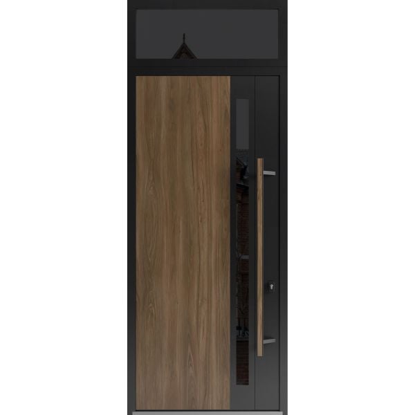 Front Exterior Prehung Steel Door / Dekton 0163 Venezia Noce 96”/ Top Exterior Window Sidelite / Entry Metal Modern Painted W36" x H96+16" Left hand Inswing