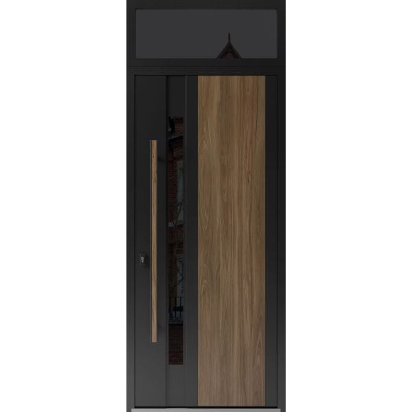 Front Exterior Prehung Steel Door / Dekton 0163 Venezia Noce / Top Exterior Window Sidelite / Entry Metal Modern Painted W36" x H80+16" Right hand Inswing