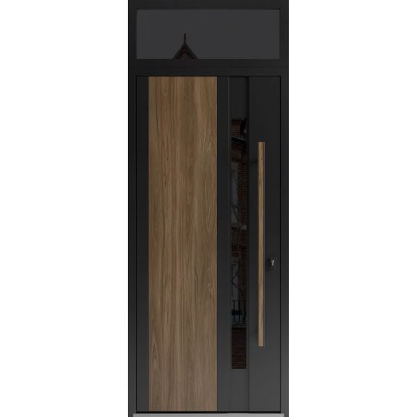 Front Exterior Prehung Steel Door / Dekton 0163 Venezia Noce / Top Exterior Window Sidelite / Entry Metal Modern Painted W36" x H80+16" Left hand Inswing