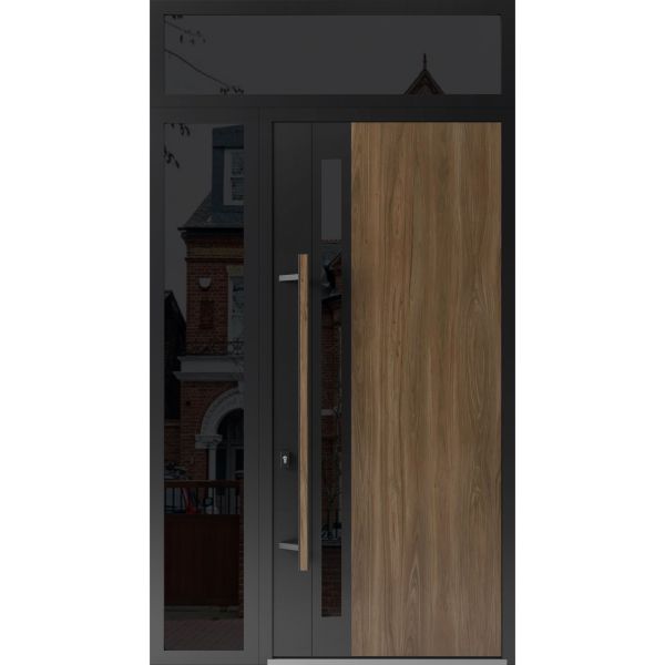 Front Exterior Prehung Steel Door / Dekton 0163 Venezia Noce 96”/ Side and Top Exterior Window Sidelite / Entry Metal Modern Painted W36+16" x H96+16" Right hand Inswing
