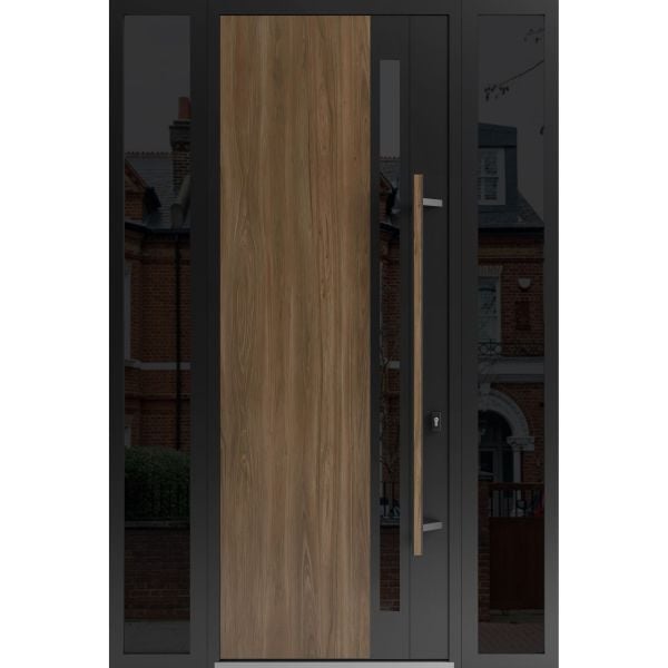 Front Exterior Prehung Steel Door / Dekton 0163 Venezia Noce 96”/ 2 Side Exterior Windows Sidelites/ Entry Metal Modern Painted W12+36+12" x H96" Left hand Inswing