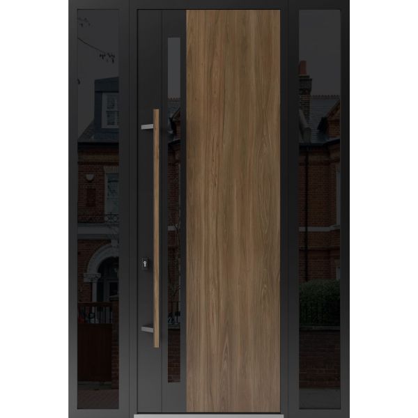 Front Exterior Prehung Steel Door / Dekton 0163 Venezia Noce 96”/ 2 Side Exterior Windows Sidelites/ Entry Metal Modern Painted W16+36+16" x H96" Right hand Inswing