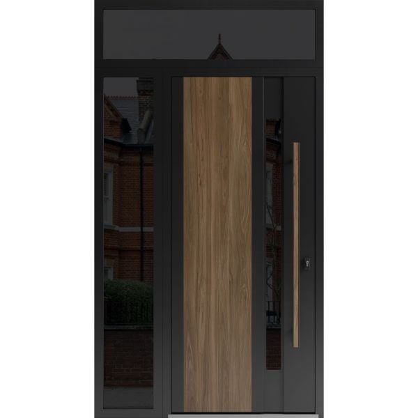 Front Exterior Prehung Steel Door / Dekton 0163 Venezia Noce 96”/ Side and Top Exterior Window Sidelite / Entry Metal Modern Painted W36+12" x H96+16" Left hand Inswing