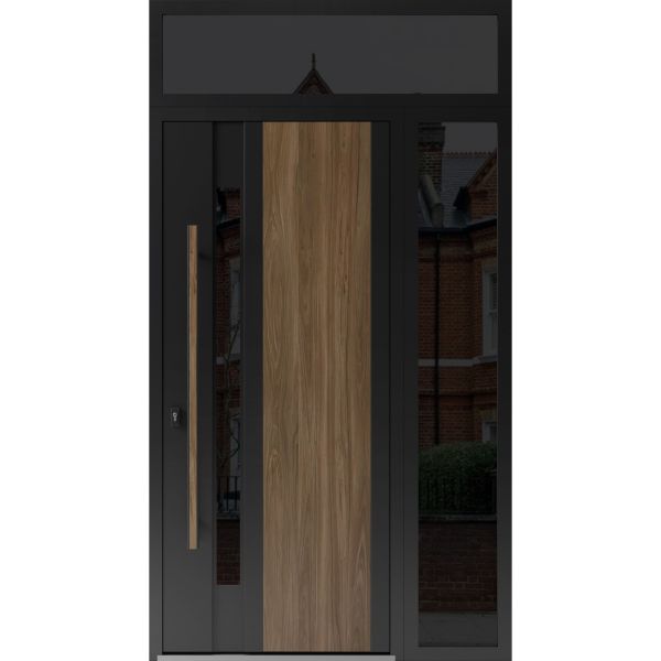 Front Exterior Prehung Steel Door / Dekton 0163 Venezia Noce / Side and Top Exterior Window Sidelite / Entry Metal Modern Painted W36+12" x H80+16" Right hand Inswing