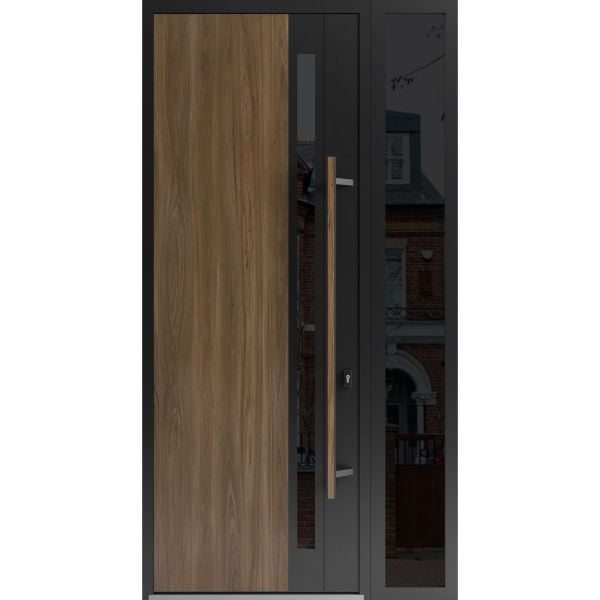 Front Exterior Prehung Steel Door / Dekton 0163 Venezia Noce 96”/ Side Exterior Window Sidelite / Entry Metal Modern Painted W36+12" x H96" Left hand Inswing