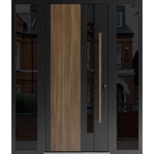 Front Exterior Prehung Steel Door / Dekton 0163 Venezia Noce / 2 Side Exterior Windows Sidelites/ Entry Metal Modern Painted W12+36+12" x H80" Left hand Inswing