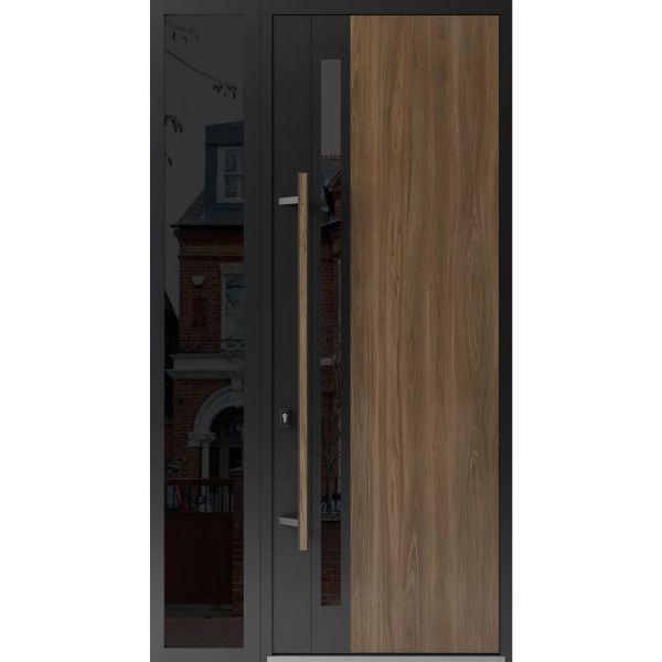 Front Exterior Prehung Steel Door / Dekton 0163 Venezia Noce 96”/ Side Exterior Window Sidelite / Entry Metal Modern Painted W36+16" x H96" Right hand Inswing